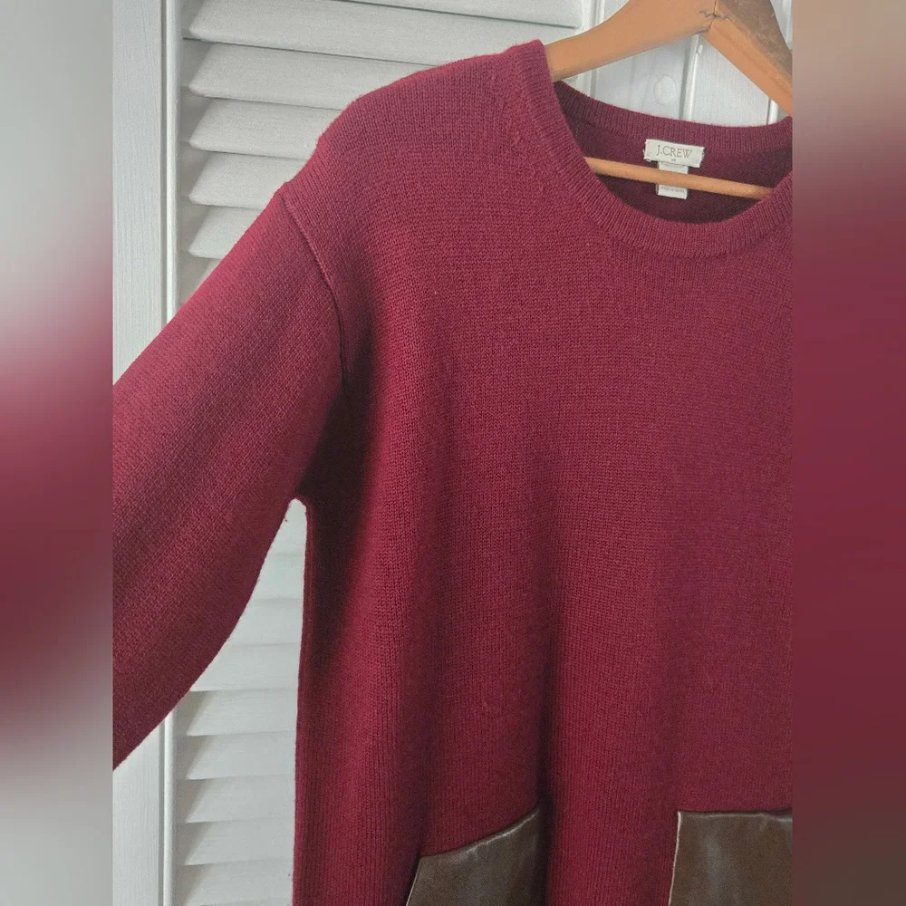 J.Crew Merino Wool Burgundy Sweater Faux Leather Pockets Size L